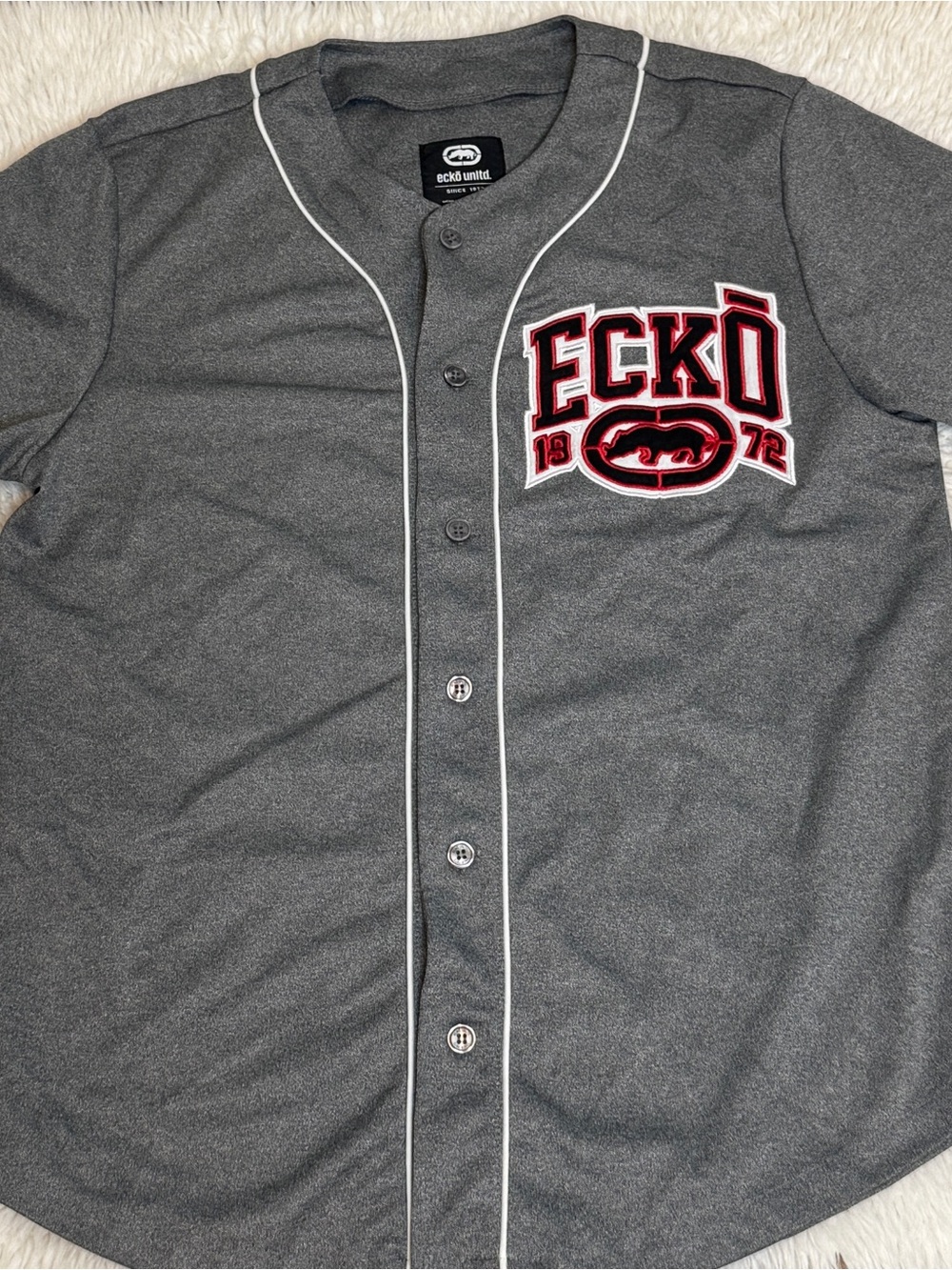 Ecko Unlimited Men’s Gray Baseball-Style Jersey with Red & Black Logo